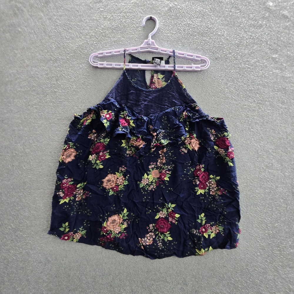 Torrid Women Top 1 Navy Blue Floral Challis Lace Inset Ruffle Cami Sleeveless